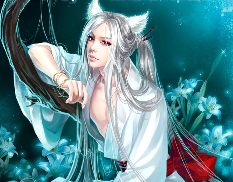 DanteHaiwindo: Long black hair, blue eyes, man, slender, White fox ears,  cat ears
