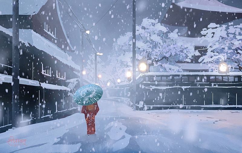 Anime Winter Night Snow Girl Umbrella HD Wallpaper Peakpx