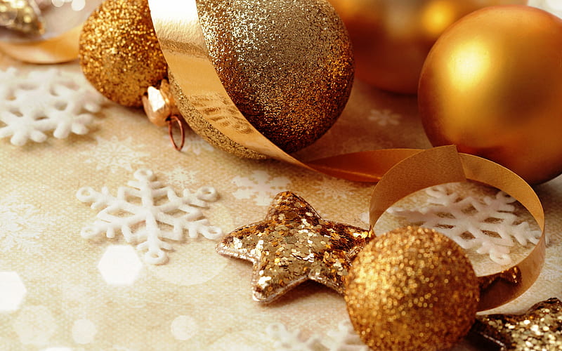 golden Christmas decorations, golden star, New Year, Christmas, golden Christmas balls, Merry Christmas, HD wallpaper