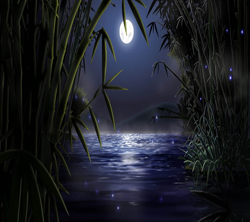 Bamboo River, fireflies, moon, nature, night, HD wallpaper | Peakpx