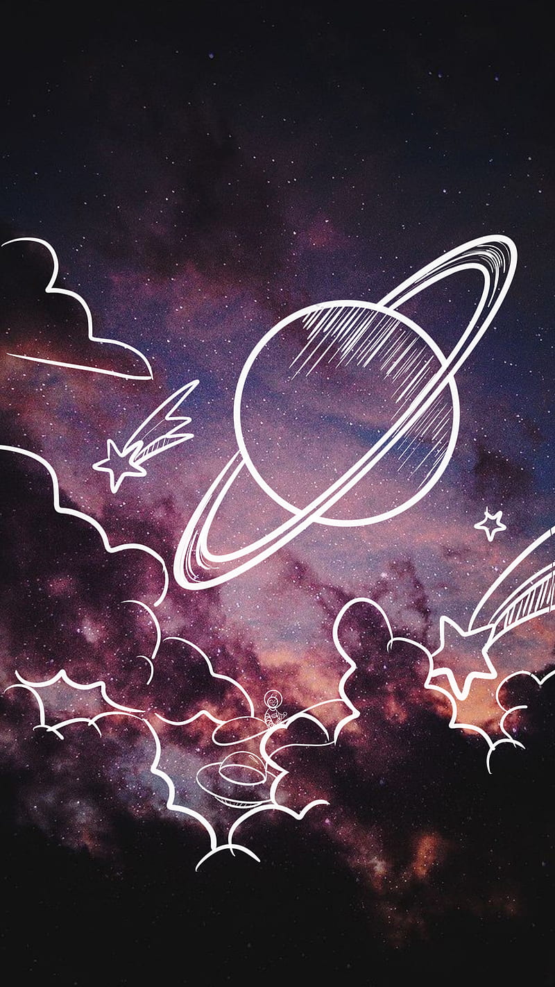 The sky is a doodle, alien, clouds, galaxy, planet, science, shooting star, star, universe, HD phone wallpaper