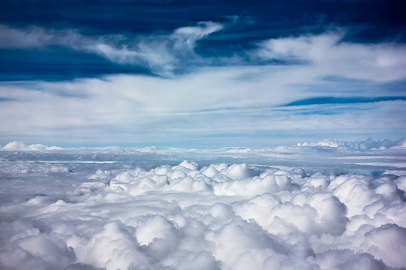 above the clouds, puffy, white, clouds, blue, HD wallpaper