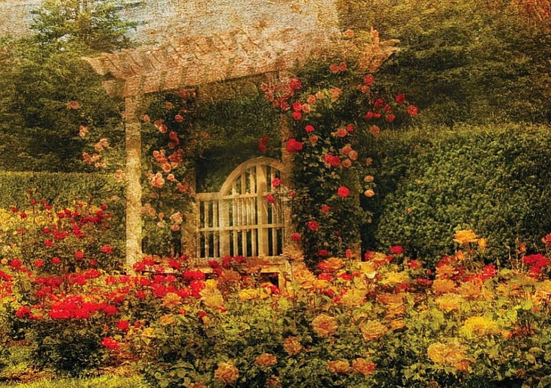 The Rose Garden, painting, hedge, blossoms, colors, artwork, entra, HD wallpaper