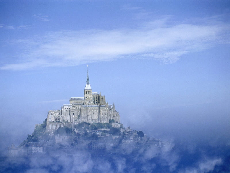Mont Saint Michel France, mont, france - normandy, sky, clouds, fog, mountain, benedictine monastery, france, mont saint michel abbey, michel, saint, castle, blue, HD wallpaper