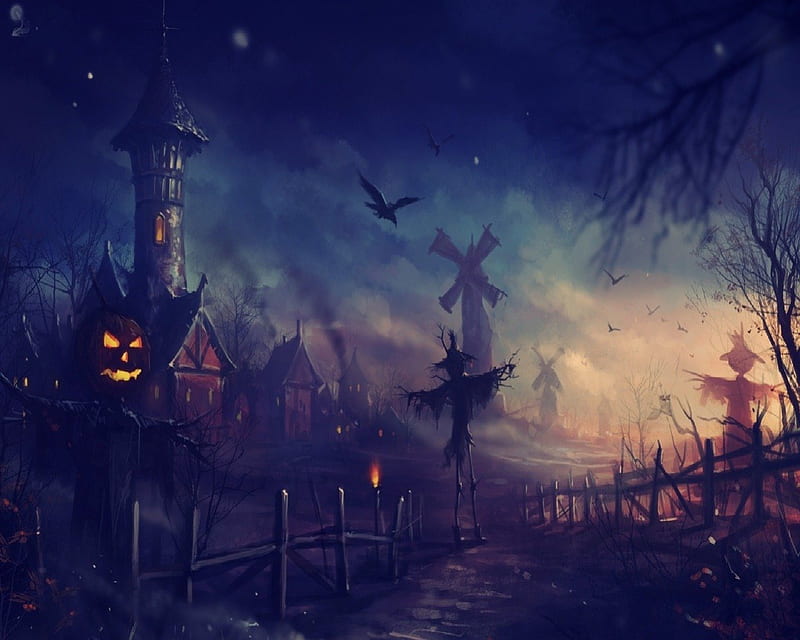 The Night Of The Scarecrows, Scarecrows, Houses, Wind Mills, Halloween, Crows, Night, HD wallpaper