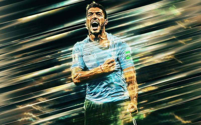 Luis Suarez creative art, blades style, striker, Uruguay national football team, Uruguay footballer, Uruguay, blue background, football, HD wallpaper