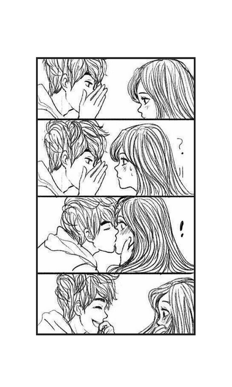 Sweet Couple, drawing, kiss, love, romantic, HD phone wallpaper ...