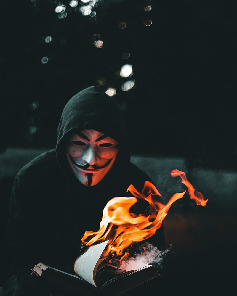 anonymous, mask, book, fire, HD phone wallpaper