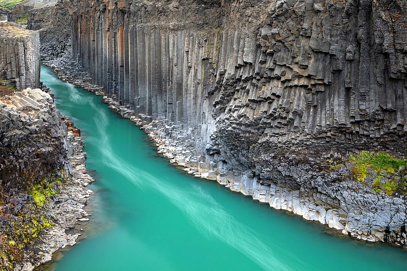 Stuolagil Canyon, Iceland, rocks, river, iceland, canyon, HD wallpaper