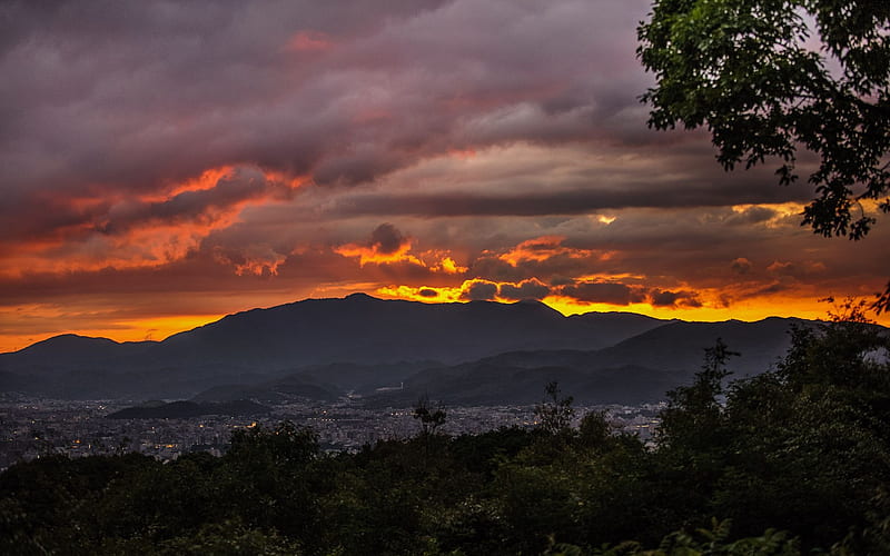 Sunset over Kyoto, japan, hills, city, colors, clouds, sky, HD wallpaper
