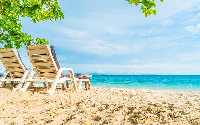 chairs by the sea, lounge chairs, tropical island, beach, travel, ocean, HD wallpaper