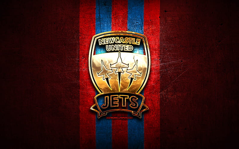 Newcastle Jets FC, golden logo, A-League, red metal background, football, Newcastle Jets, Australian football club, Newcastle Jets logo, soccer, Australia, HD wallpaper
