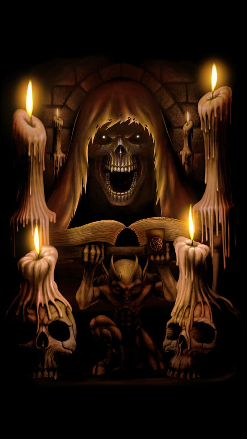 horror, book, candle, dark, devil, scary, skull, teeth, HD phone wallpaper