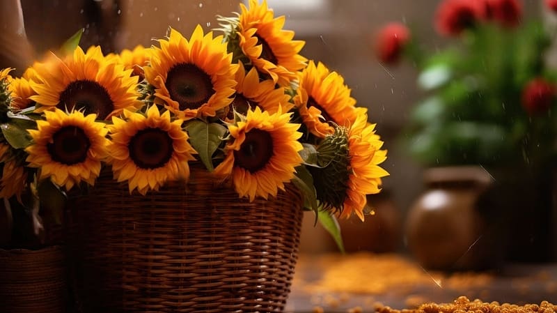 Bouquet of Sunflowers in a wicker basket, Yellow, Summer, Basket, Harvest, Autumn, HD wallpaper
