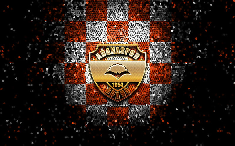 Adanaspor FC, glitter logo, 1 Lig, orange white checkered background, soccer, turkish football club, Adanaspor logo, mosaic art, TFF First League, football, Adanaspor AS, HD wallpaper
