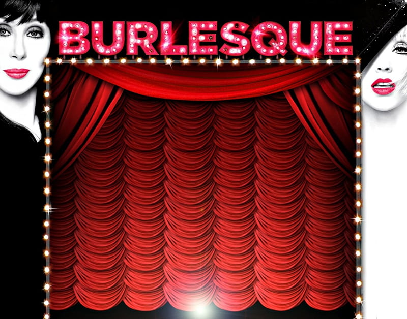 Burlesque (2010), red, black, curtain, woman, singer, girl, actress, Christina Aguilera, Cher, stage, white, pink, HD wallpaper