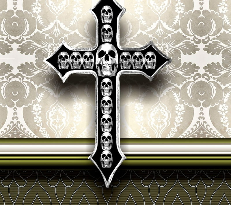 Skulls Cross emblem, pretty, beauitful, black, silver, asbtract, skulls, dark, gris, white, HD wallpaper