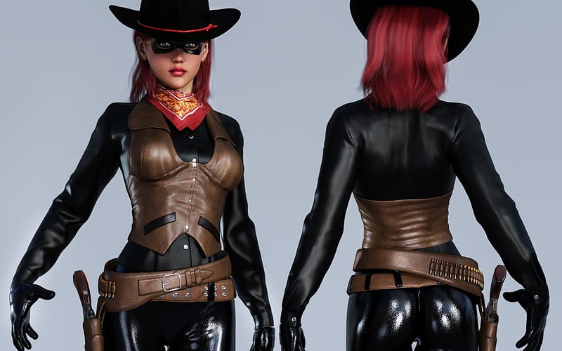 Bandit girl, fantasy, redhead, black, rendering, mask, hat, HD wallpaper
