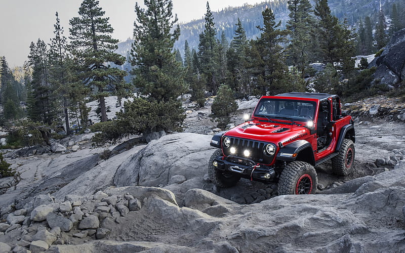 Jeep Wrangler Rubicon, 2018, off-road, rocks, red SUV, new red Wrangler, Jeep, HD wallpaper