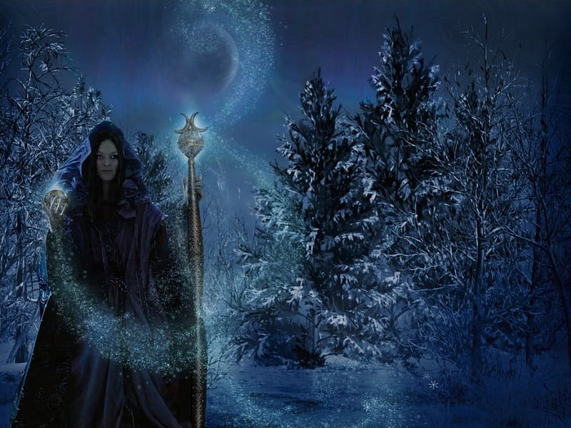 Witch of winter, world, witch, forest, art, magic, winter, fantasy, snow, darkness, nights, dark, magical, creatures, night, HD wallpaper
