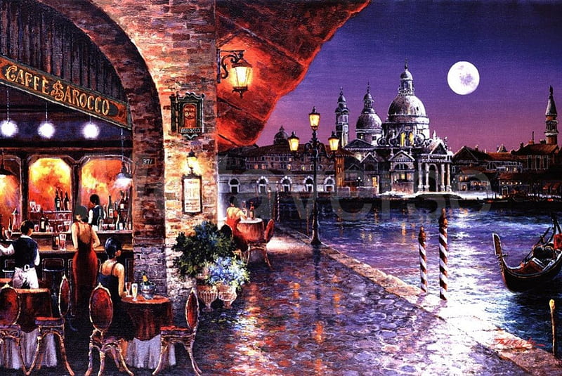 Evening in Venice, tables, lights, moon, water, restaurant, people, painting, chairs, reflection, HD wallpaper