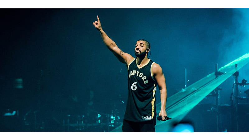 Drake Is Raising Right Hand Up Wearing Green T-Shirt In Blue Background Drake, HD wallpaper