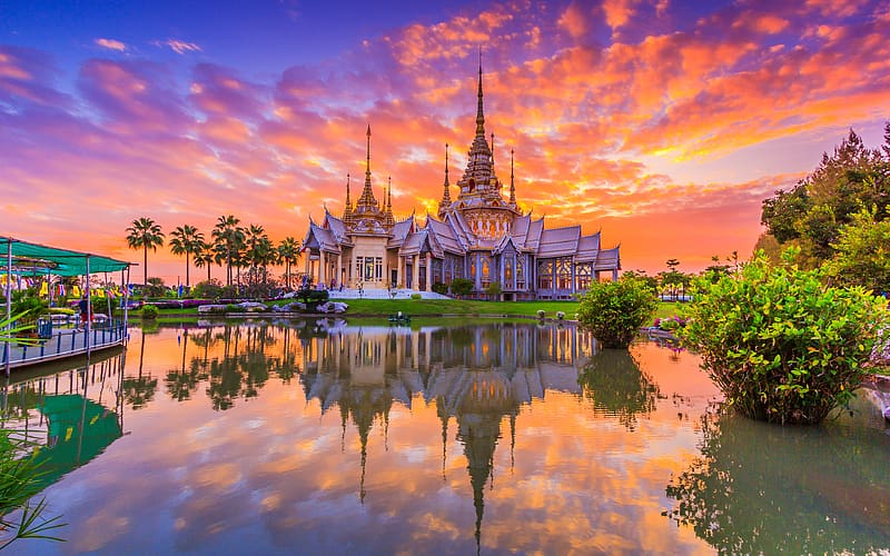 Sunset, Building, Reflection, Temple, Thailand, Temples, Asian, Religious, HD wallpaper