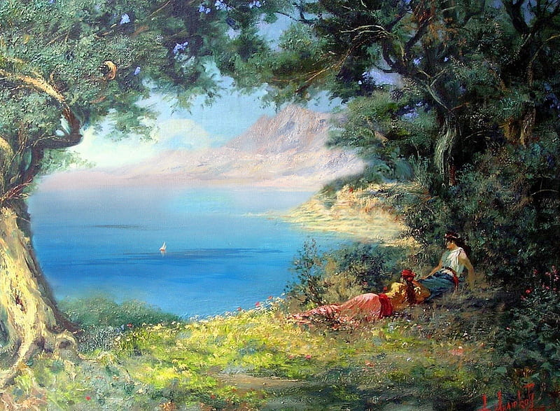 The bay - Italian landscape, art, ocean, Alexander Milyukov, woman, sea, beach, tree, water, girl, green, painting, italian landscape, nature, bay, blue, HD wallpaper