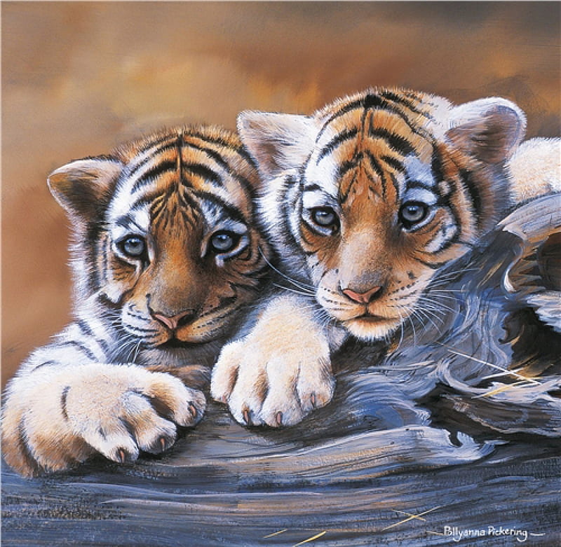 Tiger cubs, cute, art, paw, painting, polyanna pickering, cub, tiger, pictura, couple, HD wallpaper
