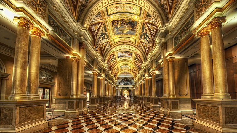 venetian hallway r, pillars, arches, marble floor, hallway, r, HD wallpaper