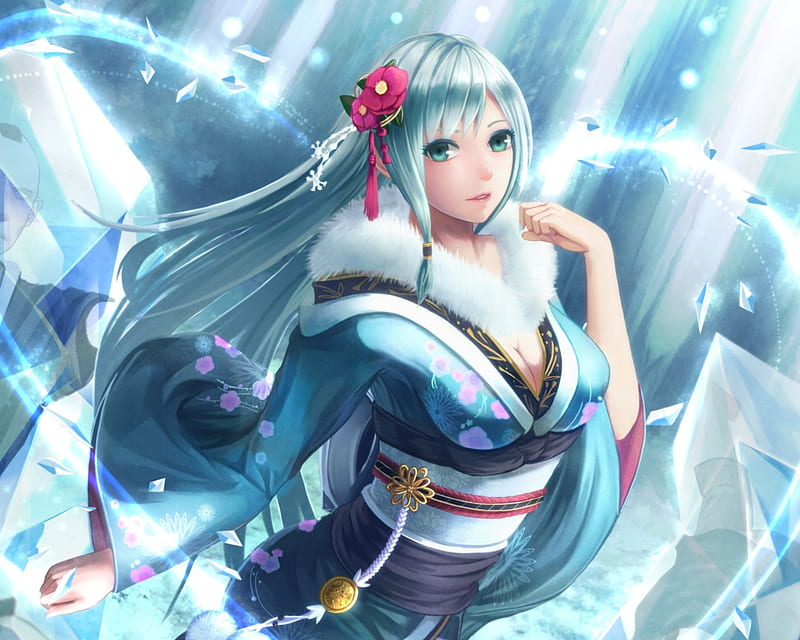 Snow Maiden, pretty, beautiful, sweet, nice, animegirl, anime, yukata, beauty, realistic, long hair, female, lovely, kimono, winter, girl, blue hair, snow, lady, maiden, HD wallpaper