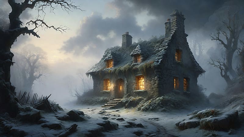 The lights in the windows, Fog, Tale, Clouds, Stones, Winter, Fantasy, House, HD wallpaper