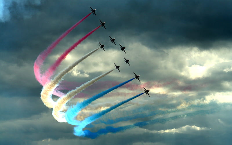 colour the sky, colorful, aerobatic, colors, plains, sky, clouds, italian air force, aircraft, frecce tricolori, airplanes, cool, air show, color, colours, HD wallpaper