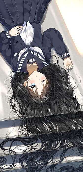 Anime art style girl walking looking back wards from a low angle jeans  jacket high detail face and hands brown eyes and hair scared look