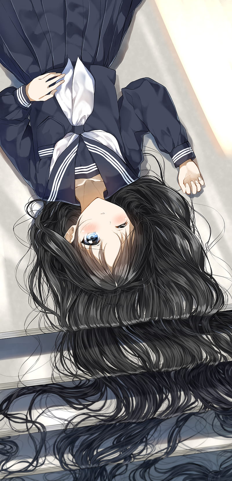 Anime girls, portrait display, long hair, black hair, blue eyes, school  uniform, HD phone wallpaper