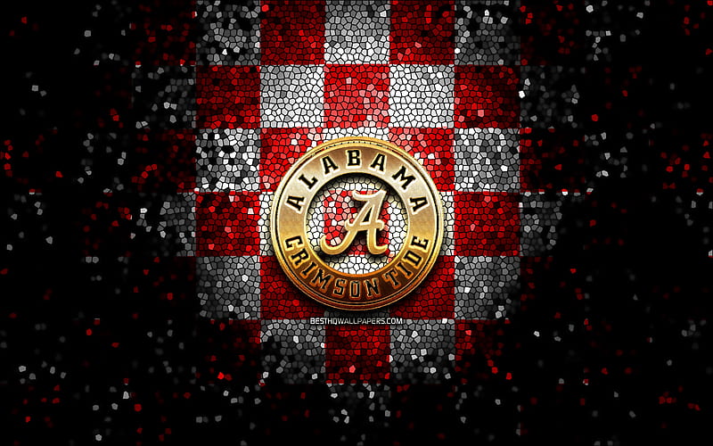 Alabama Crimson Tide, glitter logo, NCAA, red white checkered background, USA, american football team, Alabama Crimson Tide logo, mosaic art, american football, America, HD wallpaper