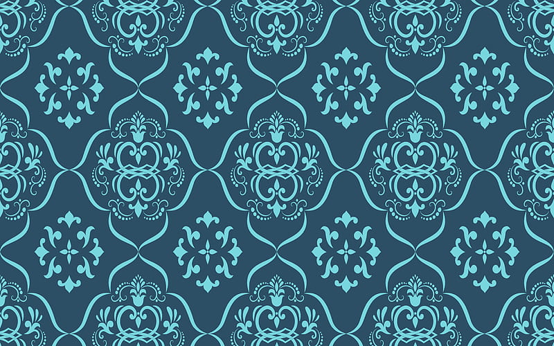 blue floral ornament, floral seamless texture, blue background, floral retro texture, HD wallpaper