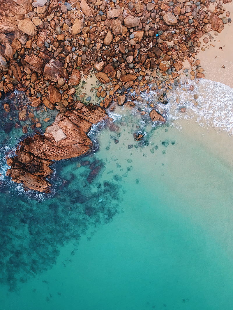 ocean, aerial view, water, stones, sand, foam, HD phone wallpaper