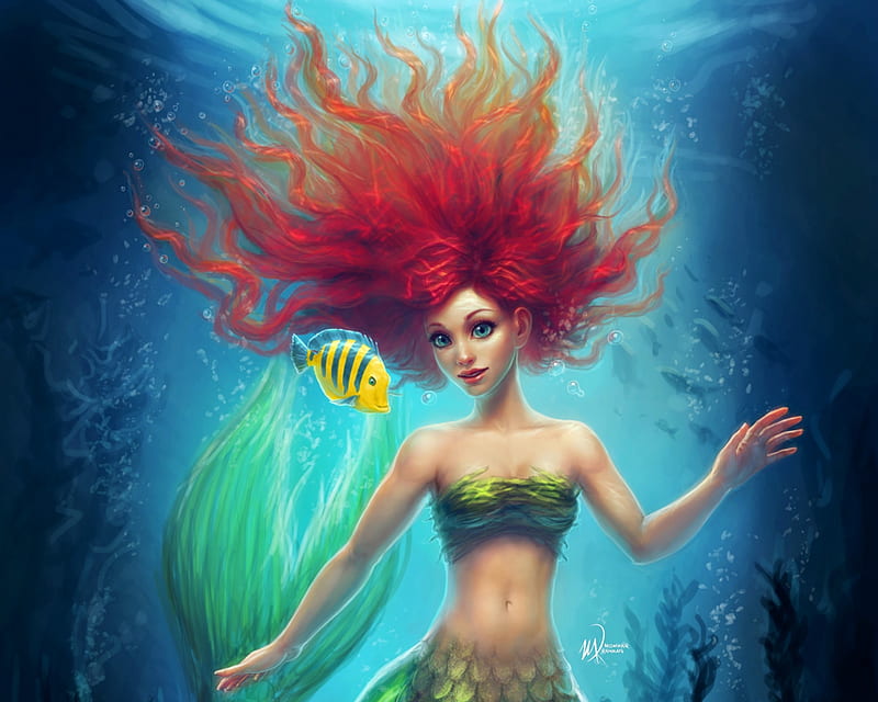 Ariel, fanart, underwater, art, luminos, fish, redhead, mermaid, yellow, sea, me-illuminated, fantasy, water, girl, green, disney, HD wallpaper