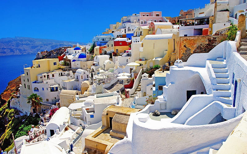 Santorini Greece, architecture, Greece, landscapes, Santorini, hillside, daytime, HD wallpaper