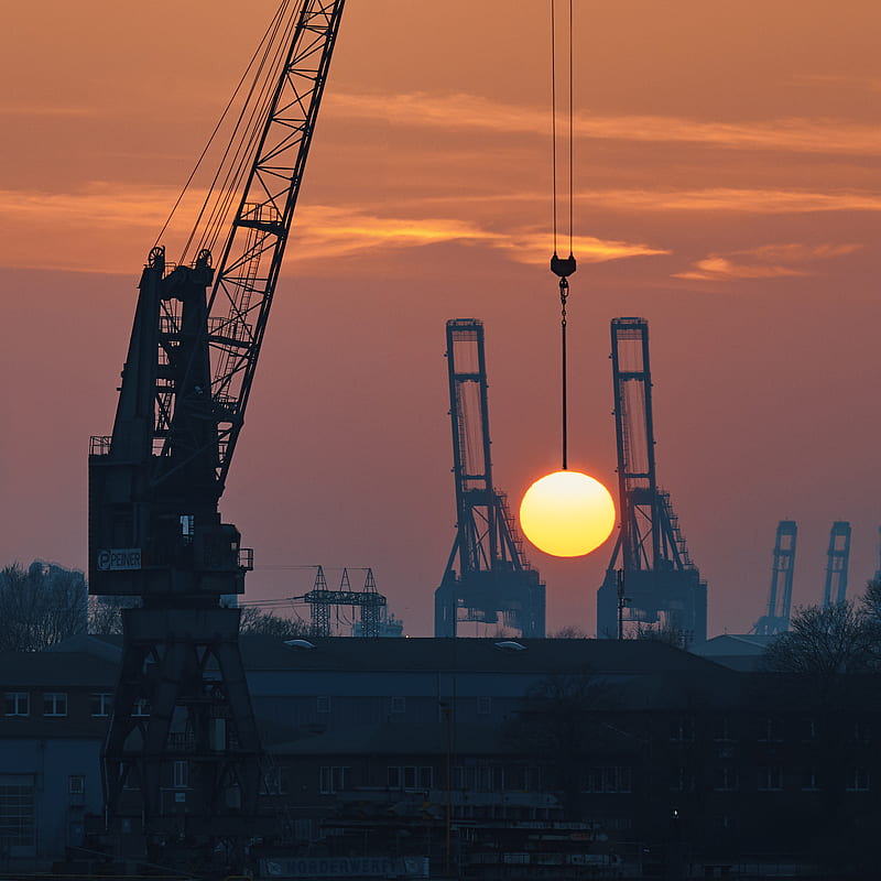 architecture, Hamburg, Alexander Schönberg, city, Germany, cranes (machine), Sun, sunset, clouds, building, industrial, HD phone wallpaper