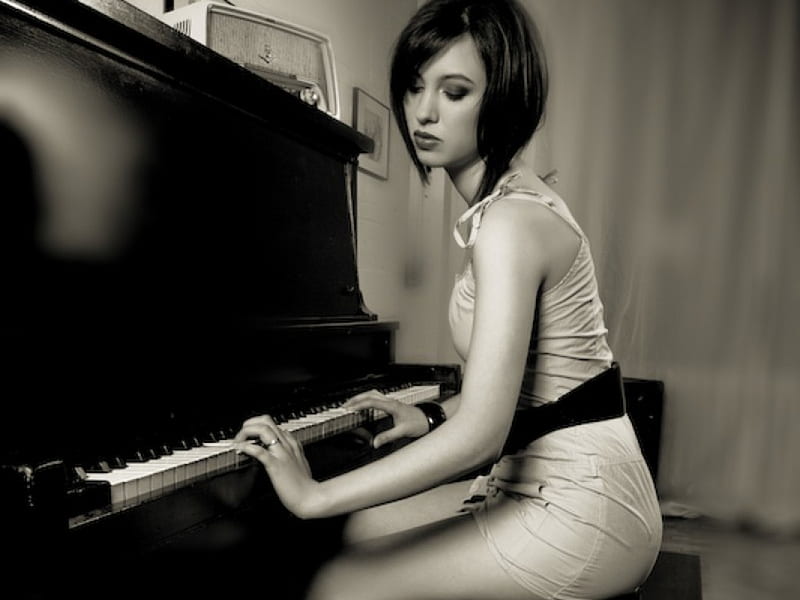 Woman playing a piano, music, fun, woman, sexy, other, HD wallpaper