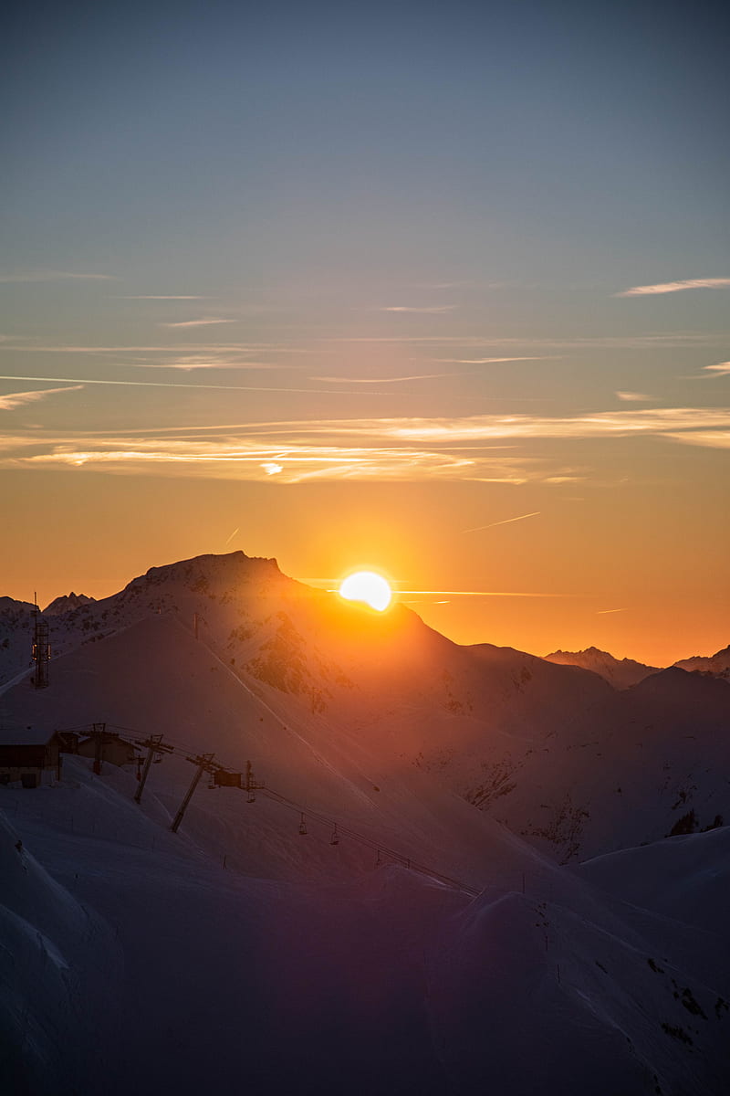 mountains, sunset, sun, snow, landscape, HD phone wallpaper