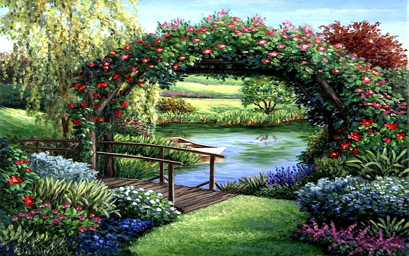VIEW OF THE POND, pond, bridge, flowers, garden, canoe, HD wallpaper