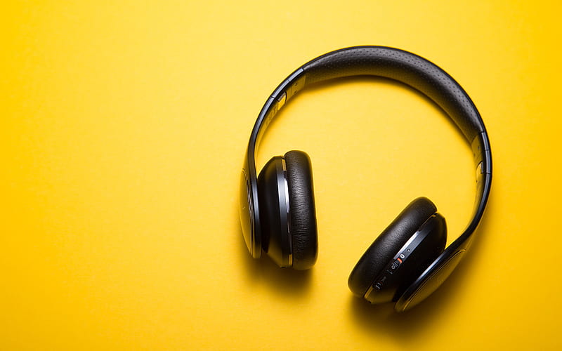black headphones, yellow background, minimal, headphones, HD wallpaper