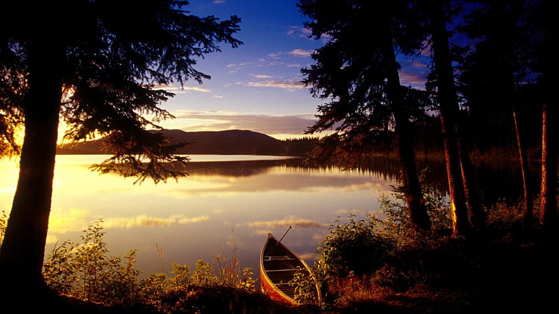 great outdoors canada, sunset, boat, trees, lake, HD wallpaper