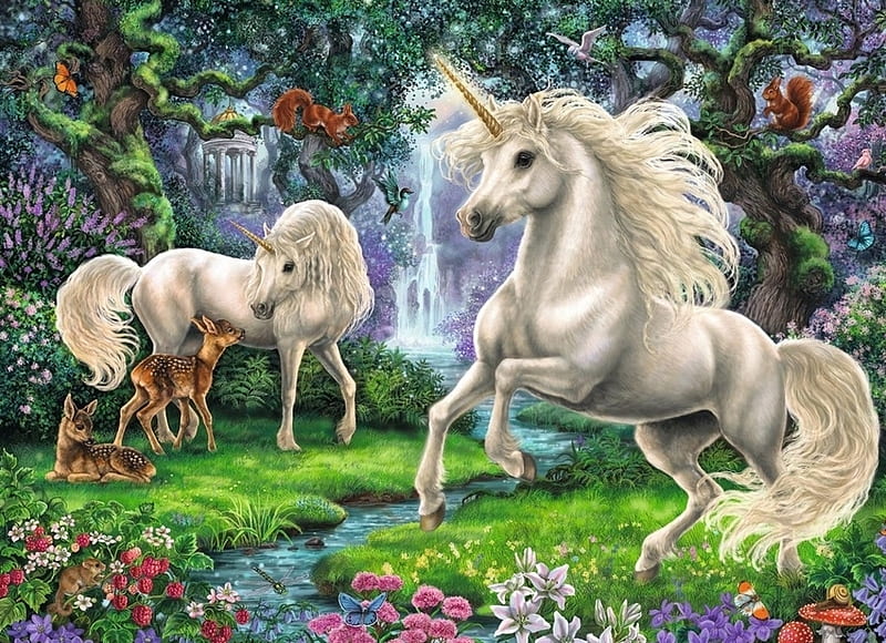 Unicorns and deers, luminos, unicorn, deer, forest, fantasy, animal, HD wallpaper