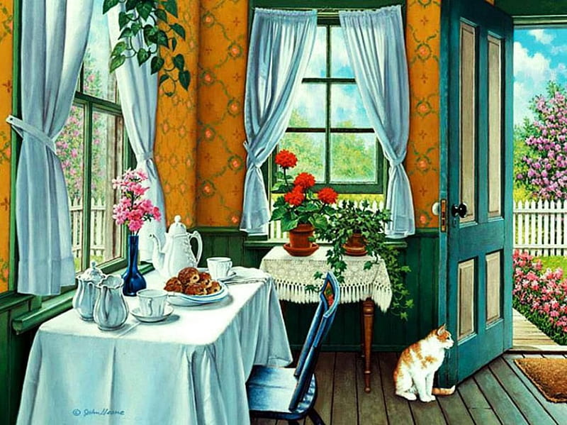 Nice Place in Springtime, table, flowers, garden, room, teatime, artwork, door, HD wallpaper