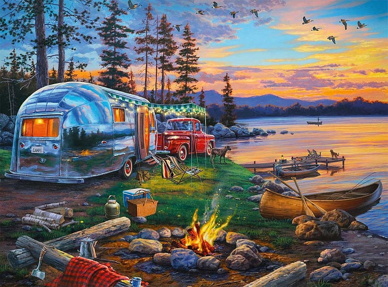 Happy Campers, sunset, canoe, truck, sky, campers, camping, lake, fire, water, pick up, painting, trailer, HD wallpaper