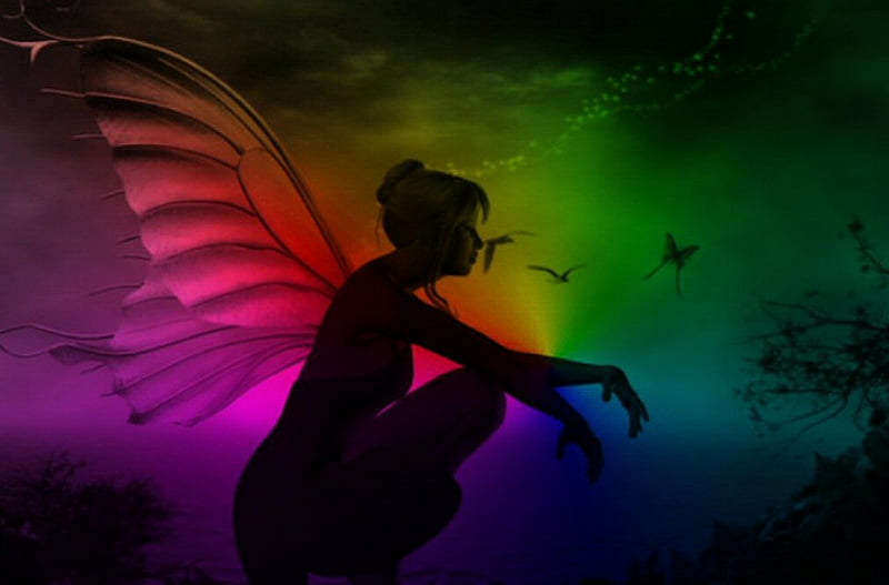 Rainbow Fairie, colorful, art, lovely, angel, colors, bonito, rainbow, silhouette, graphy, fantasy, serene digital, hop, fairy, HD wallpaper